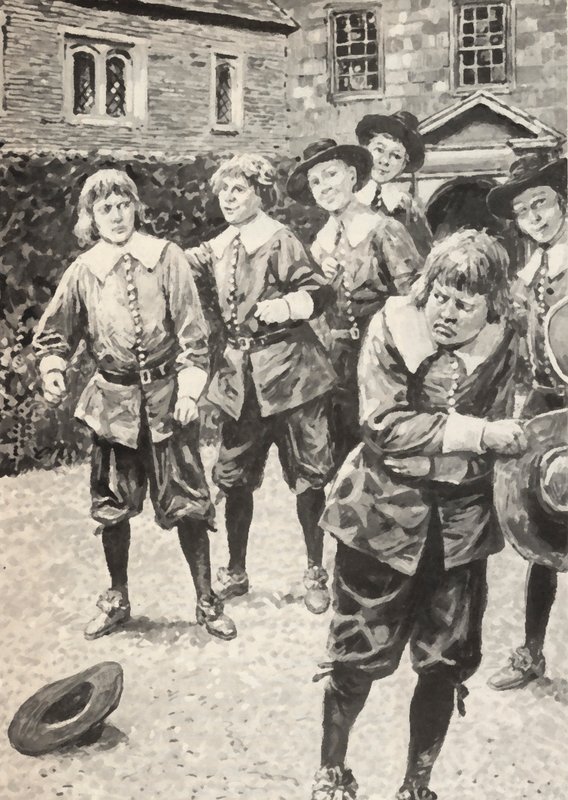 Isaac Newton (till vänster), efter att ha misshandlat skolöversittaren av English School