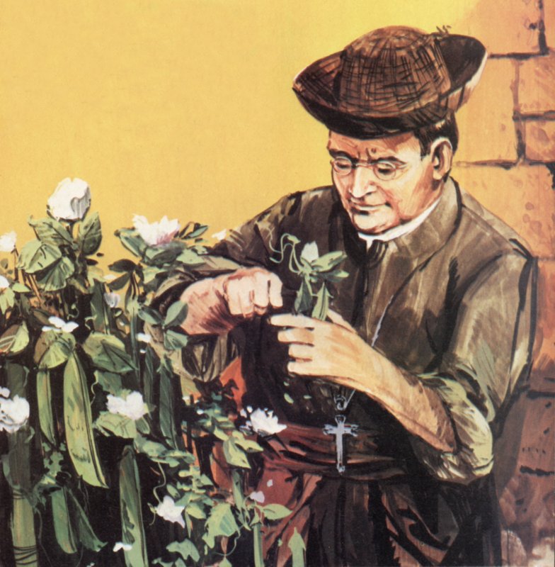Johann Mendel arbetar i sin klosterträdgård av English School