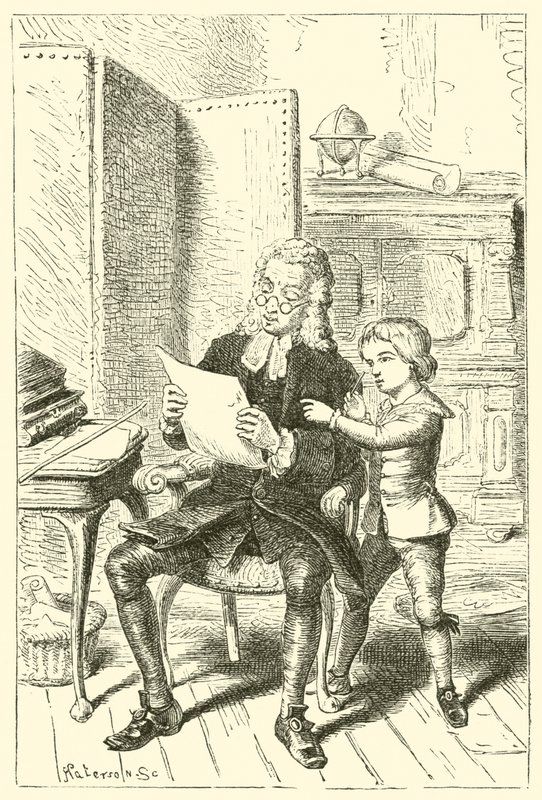 Joshua Reynolds, pojken, visar teckningen av sin fars skola av English School