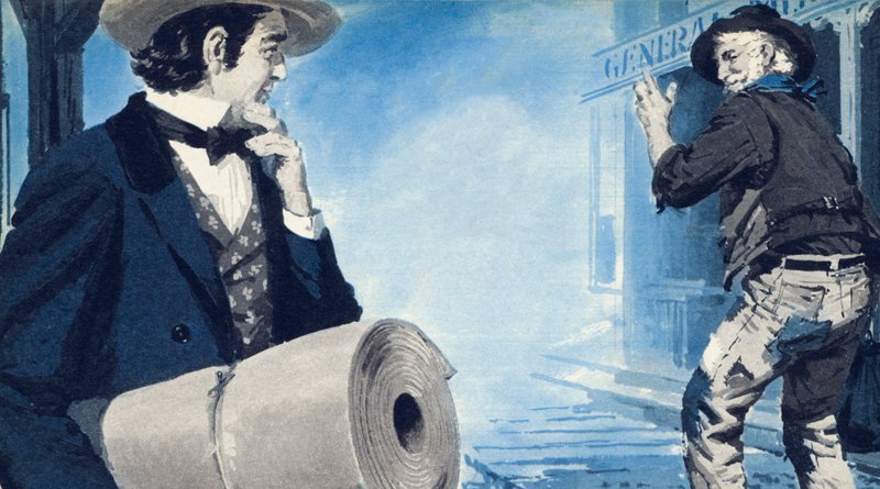 Levi Strauss, med sin rulle med duk, anländer till San Francisco av English School