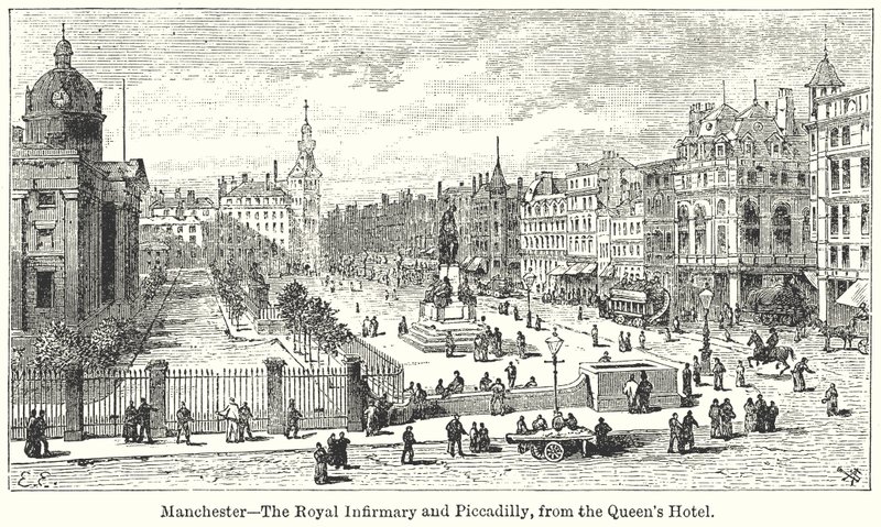 Manchester ? Royal Infirmary och Piccadilly, från Queens Hotel av English School