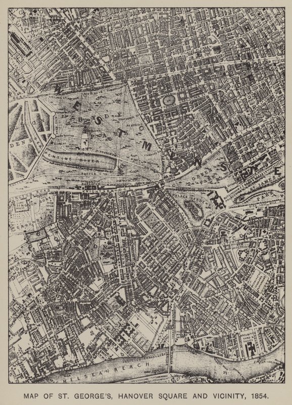 Karta över St Georges, Hannover Square och omnejd, 1854 av English School