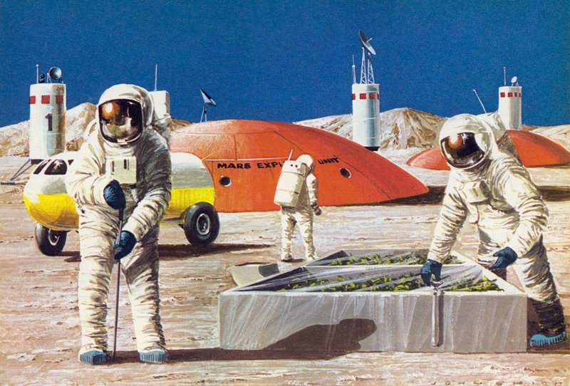 Män som arbetar på planeten Mars, som föreställdes på 1970-talet av English School