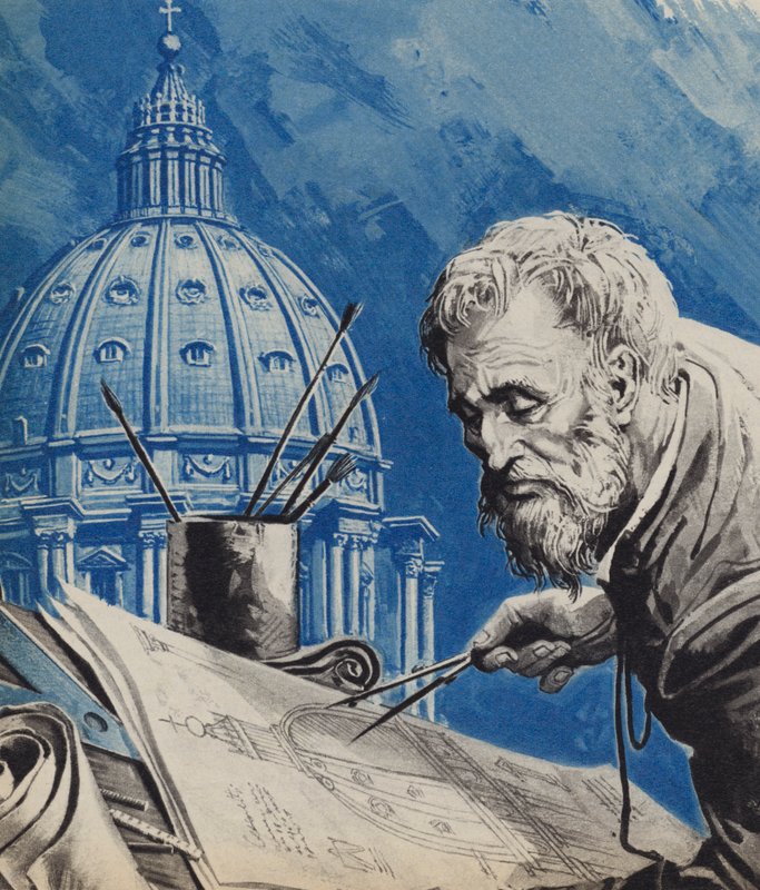 Michelangelo, med sin design för St Peters kupol i Rom av English School