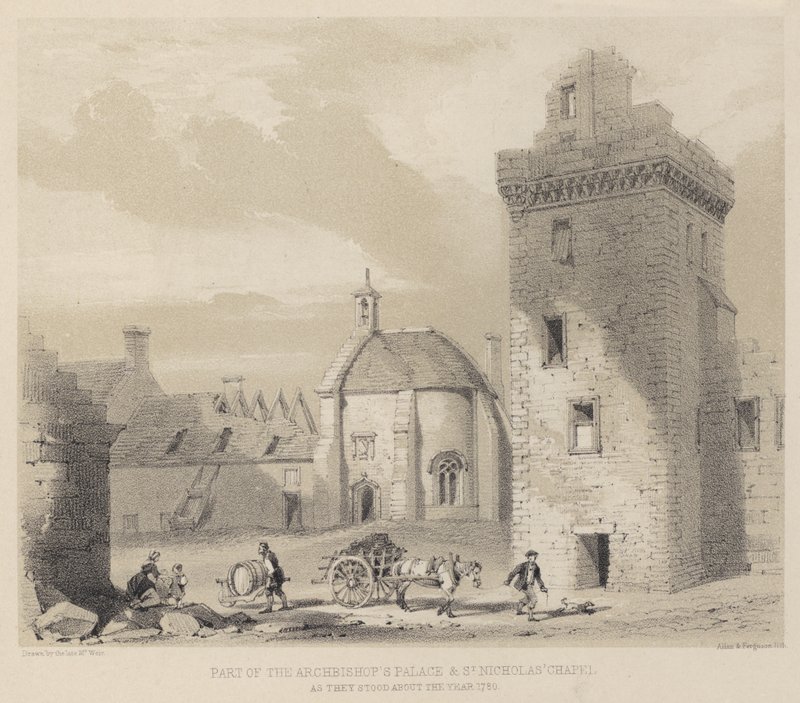 En del av ärkebiskopspalatset och St Nicholas Chapel, som de stod omkring år 1780 av English School