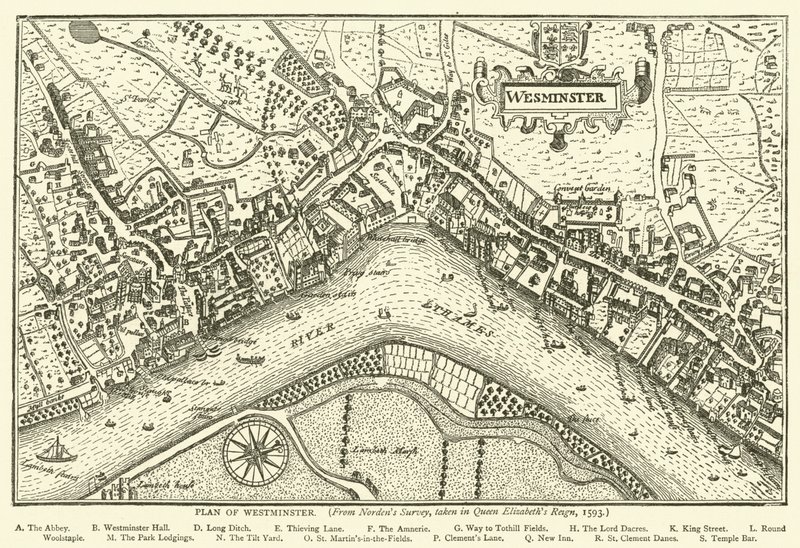 Plan av Westminster, från Nordens undersökning, tagen under drottning Elizabeths regeringstid, 1593 av English School