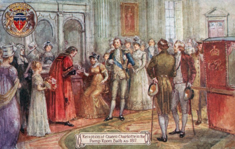 Mottagning av drottning Charlotte i pumprummet, Bath, 1817 AD av English School