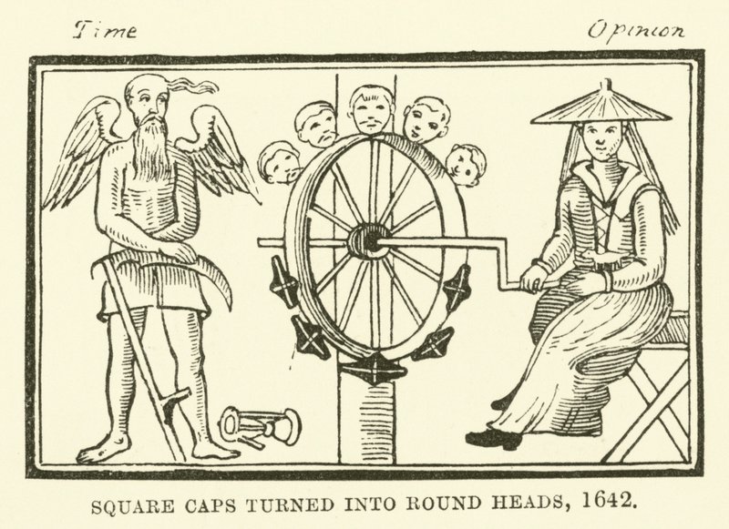 Fyrkantiga mössor förvandlade till runda huvuden, 1642 av English School
