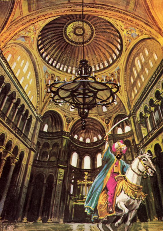 Sultan Mehmed rider på sin häst in i den stora kyrkan Hagia Sofia av English School
