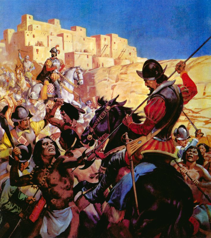 Pueblo-indianerna i norra Arizona attackerade av spanska conquistadorer av English School