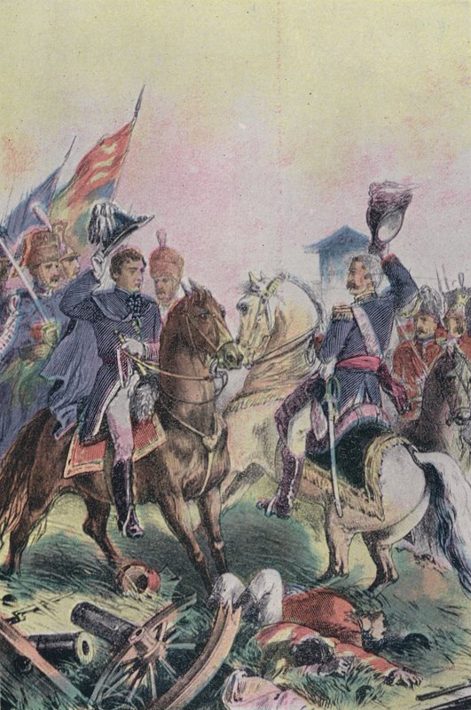 Mötet mellan hertigen av Wellington och fältmarskalk Blucher efter slaget vid Waterloo, 1815 av English School
