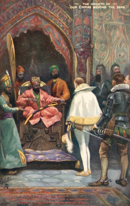 Ursprunget till Ostindiska kompaniet, den stora mogulen tog emot Sir J Mildenhall drottning Elizabeths ambassadör, 1599 av English School