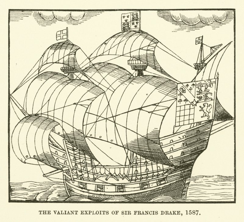 Sir Francis Drakes tappra bedrifter, 1587 av English School
