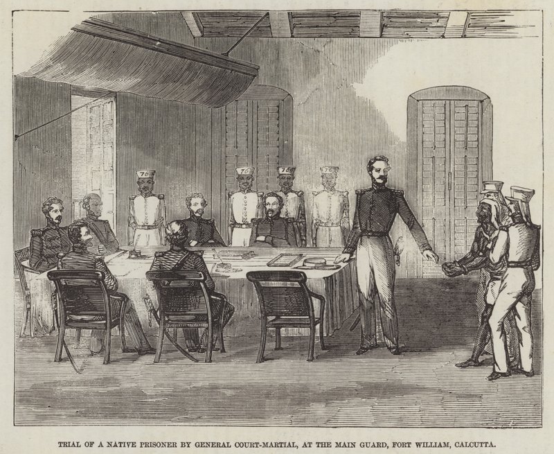 Rättegång mot en infödd fånge av General Court-Martial, vid huvudvakten, Fort William, Calcutta av English School