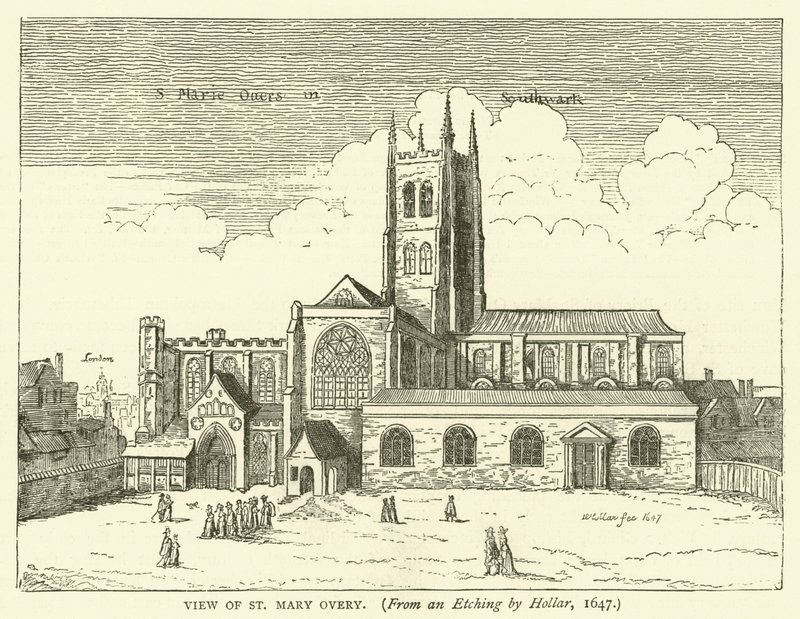 Utsikt över St Mary Overy, från en etsning av Hollar, 1647 av English School