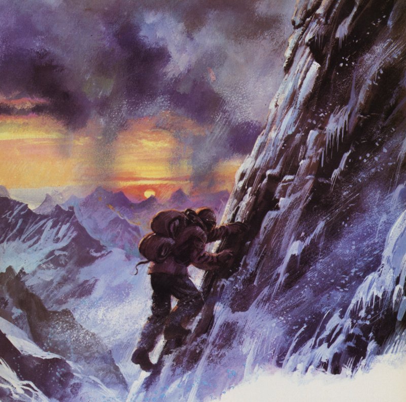 Walter Bonatti kämpar sig uppåt mot toppen av Matterhorn av English School