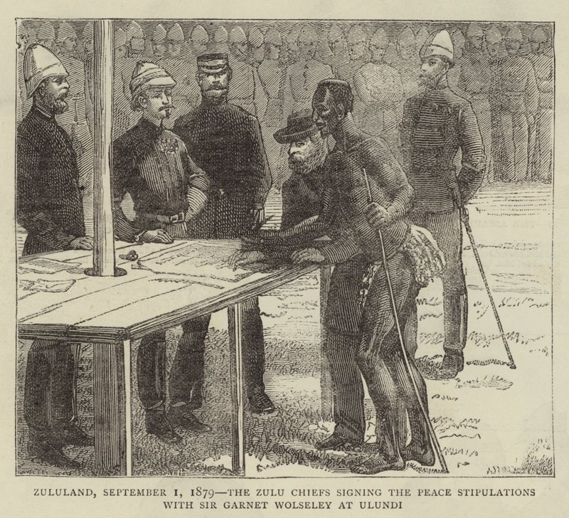 Zululand, 1 september 1879, Zulu Chiefs undertecknar fredsbestämmelserna med Sir Garnet Wolseley i Ulundi av English School