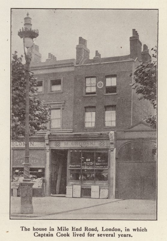 88 Mile End Road, London, hus där den engelske upptäcktsresanden kapten James Cook bodde från 1764 till sin död (s/v foto) av English Photographer