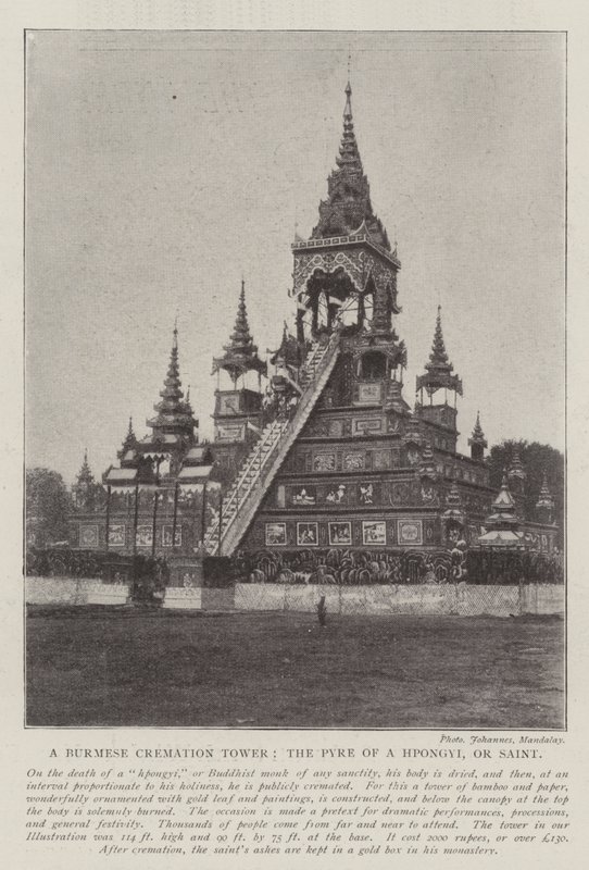 Ett burmesiskt kremeringstorn, en Hpongyis bål eller helgon av English Photographer