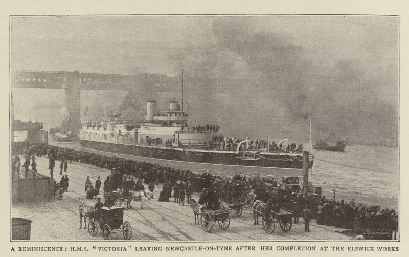 En reminiscens, HMS Victoria lämnar Newcastle-on-Tyne efter att hon färdigställts på Elswick Works av English Photographer