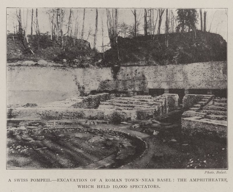 En schweizisk Pompeji, utgrävning av en romersk stad nära Basel, amfiteatern, som rymde 10 000 åskådare av English Photographer