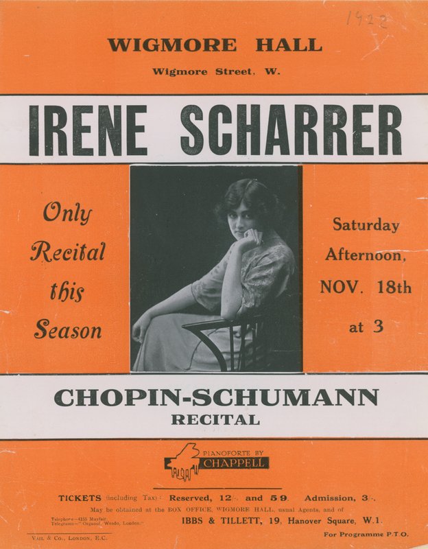 Annons för en Chopin-Schumann-recital med Irene Scharrer av English Photographer
