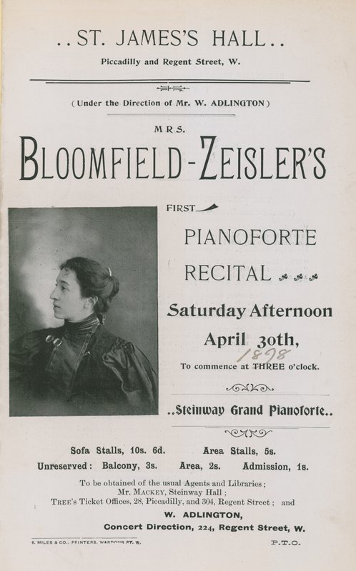 Annons för en konsert av Fannie Bloomfield-Zeisler av English Photographer