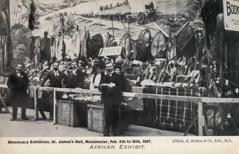 Afrikansk utställning, missionsutställning, St Jamess Hall, Manchester, 6 till 16 februari 1907 (s/v foto) av English Photographer