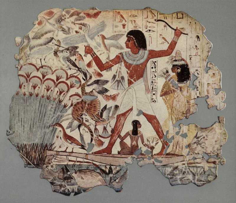 En egyptisk officer, åtföljd av sin fru och dotter, fiskar i ett träsk med gott om vattenfåglar och fisk (foto) av English Photographer
