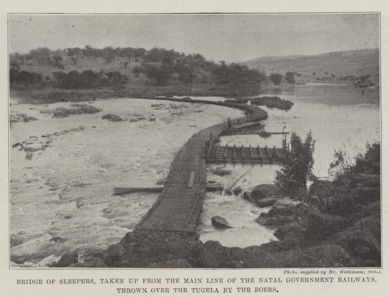 Bridge of Sleepers, upptagen från huvudlinjen för Natal Government Railways, kastad över Tugela av boerna av English Photographer