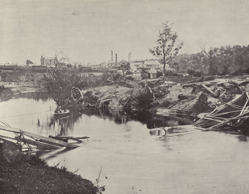 Burnley Bridge, över Yarra, efter översvämningarna i juli 1891 av English Photographer
