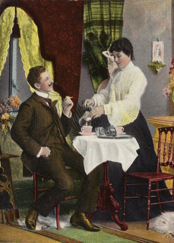 Par som dricker te tillsammans (chromolitho) av English Photographer
