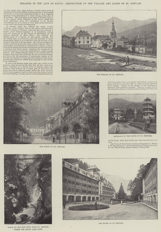 Katastrof i Alperna i Savoy, förstörelse av byn och St Gervais bad av English Photographer