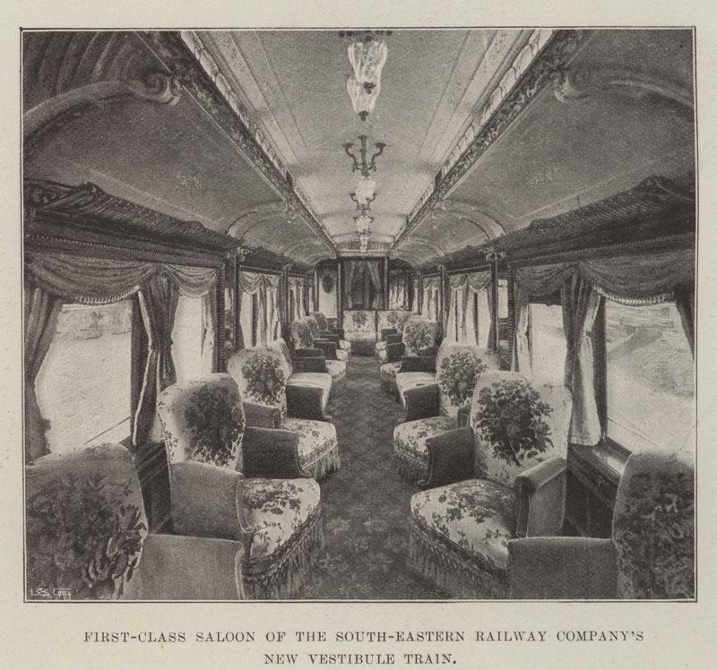 Förstklassig salong av South-Eastern Railway Companys nya vestibulståg av English Photographer