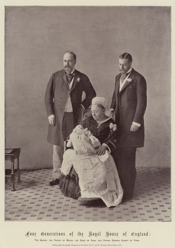 Fyra generationer av kungahuset i England, drottningen, prinsen av Wales, hertigen av York och prins Edward Albert av York av English Photographer
