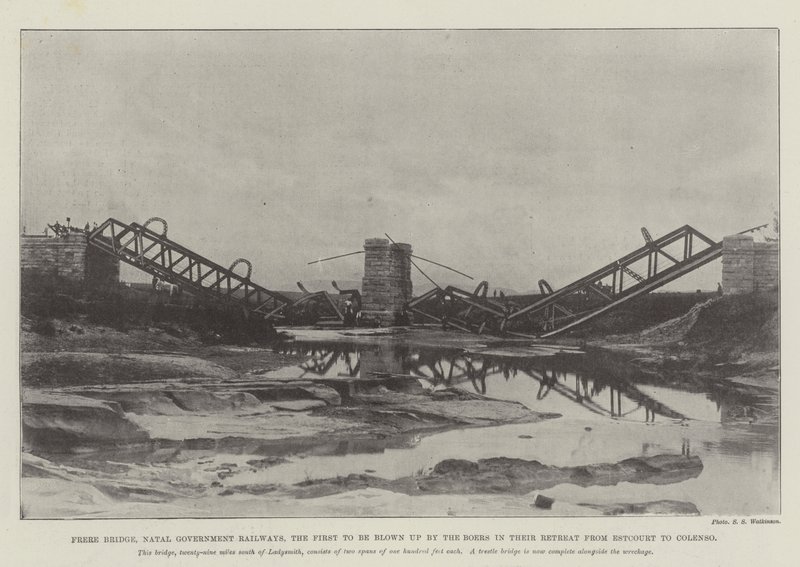 Frere Bridge, Natal Government Railways, den första som sprängdes av boerna i deras reträtt från Estcourt till Colenso av English Photographer