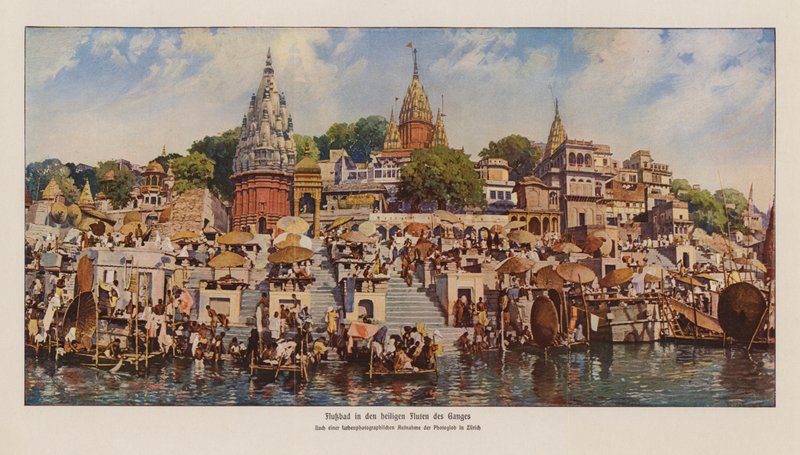 Ghats i Varanasi vid floden Ganges, Indien (färgfoto) av English Photographer
