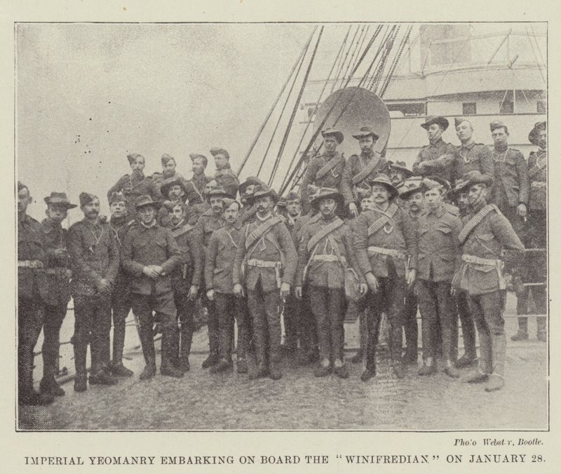 Imperial Yeomanry går ombord på Winifredian den 28 januari av English Photographer