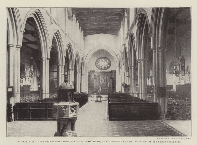 Interiören av St Giles Church, Cripplegate, Burial-Place of Milton, som med nöd och näppe undgick förstörelse i den senaste stora branden av English Photographer