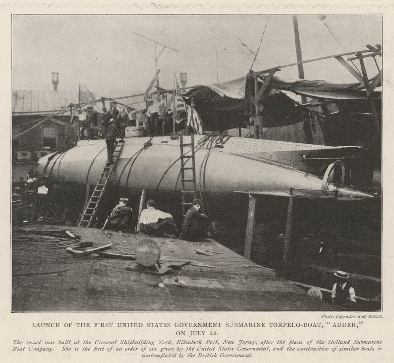 Lansering av Förenta staternas regerings-ubåt Torpedo-Boat, Adder, den 22 juli av English Photographer