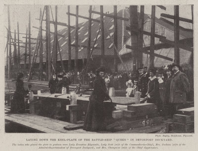 Lägger ner Keel-Plate of the Battle-Ship Queen i Devonport Dockyard av English Photographer