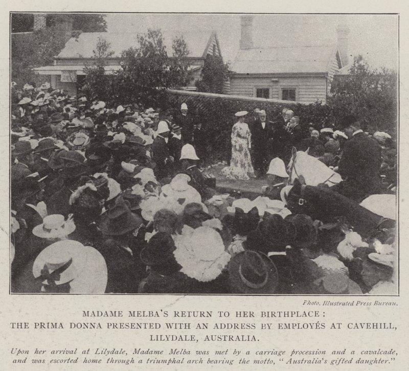 Madame Melbas Återvänd till sin födelseplats, Prima Donna presenteras med en adress av anställda i Cavehill, Lilydale, Australien av English Photographer