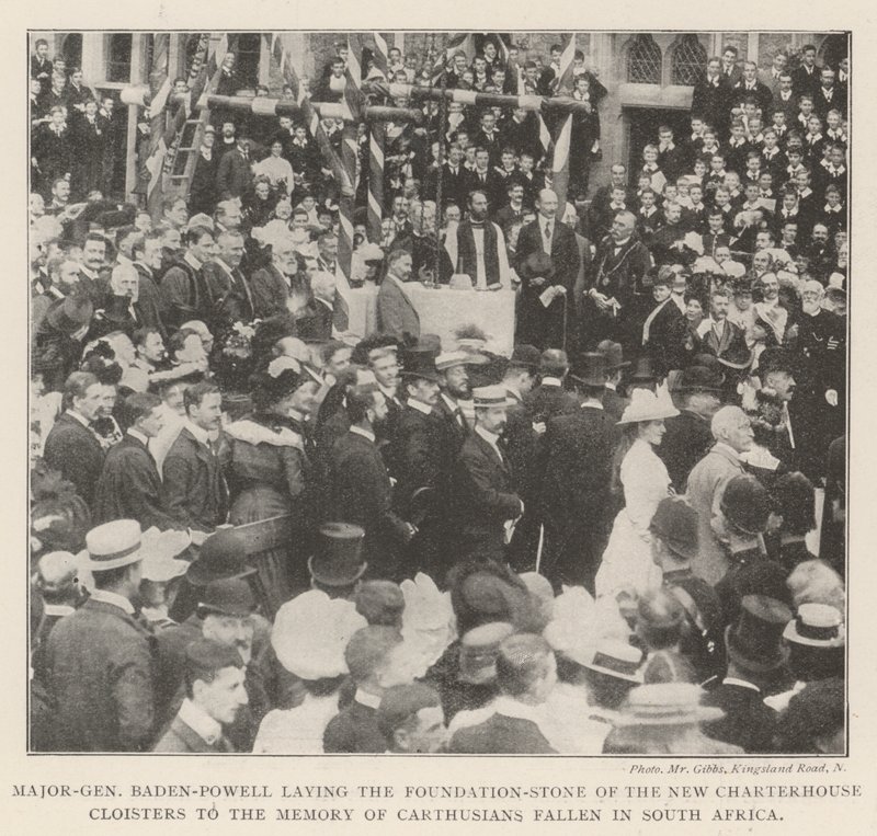 Generalmajor Baden-Powell lägger grundstenen till New Charterhouse Cloisters till minnet av kartusianer stupade i Sydafrika av English Photographer