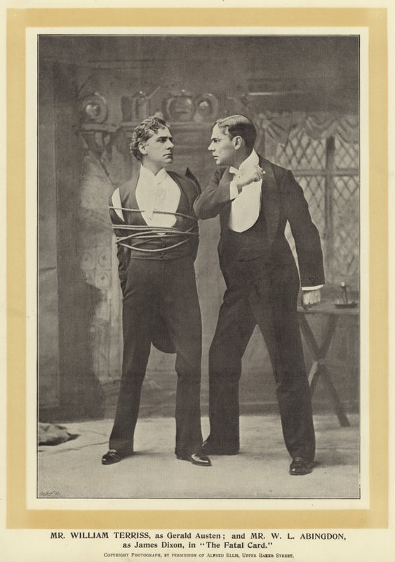 Mr William Terriss, som Gerald Austen; och Mr W L Abingdon, som James Dixon, i The Fatal Card av English Photographer