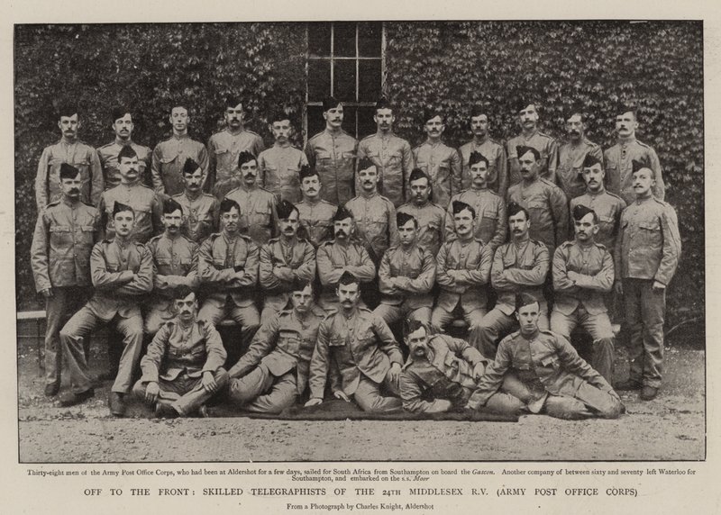 Iväg till fronten, skickliga telegrafister från 24:e Middlesex Rifle Volunteers, Army Post Office Corps av English Photographer