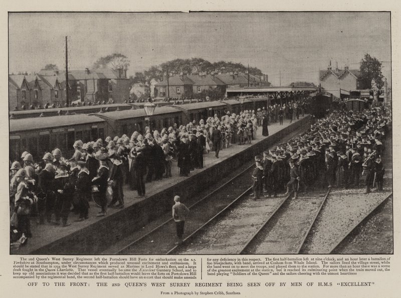 Iväg till fronten, 2nd Queens West Surrey Regiment ses bort av Men of H M S Excellent av English Photographer