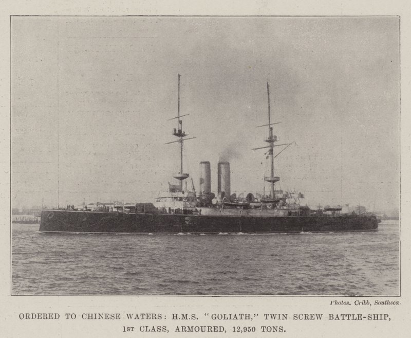 Beställd till Chinese Waters, HMS Goliath, Twin Screw Battle-Ship, 1:a klass, pansar, 12 950 ton av English Photographer