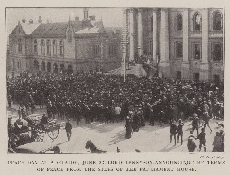 Fredsdagen i Adelaide, 2 juni, Lord Tennyson tillkännager villkoren för fred från parlamentshusets trappor av English Photographer