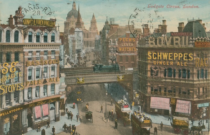 Vykort från Ludgate Circus, London, skickat 1913 (handfärgat foto) av English Photographer