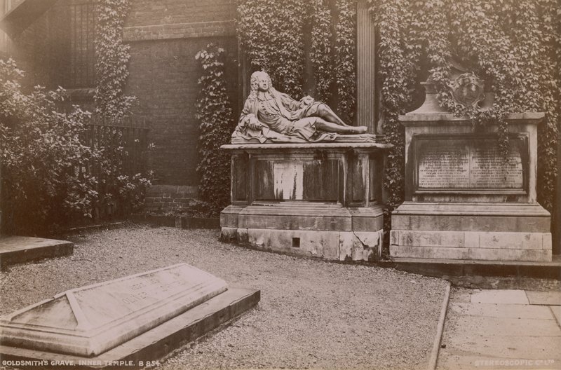 Vykort med Oliver Goldsmiths grav i det inre templet av English Photographer